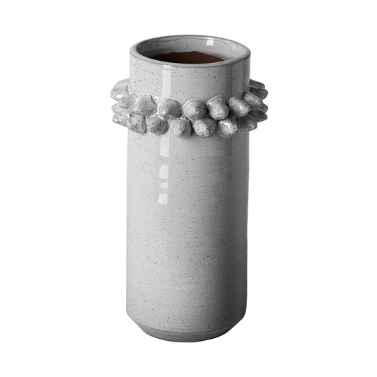 11 inch organic style whitewash spikely ceramic vase with unique 3D spoke design and speckled glaze
