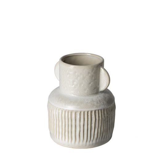 8 inch whitewash handled textured ceramic vase with farmhouse milk jug style and carved base pattern
