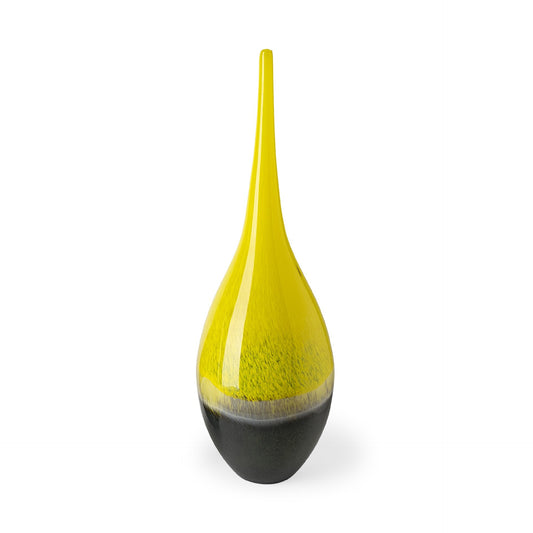21 inch yellow and gray handblown spun glass vase large art glass centerpiece with vibrant swirled colors
