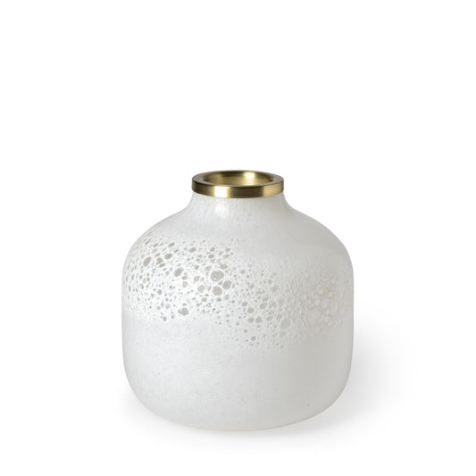 Elegant 8-inch pearl white crystal glass vase with luxurious gold rim and abstract bubble design, rounded square bottle shape perfect for modern contemporary home decor
