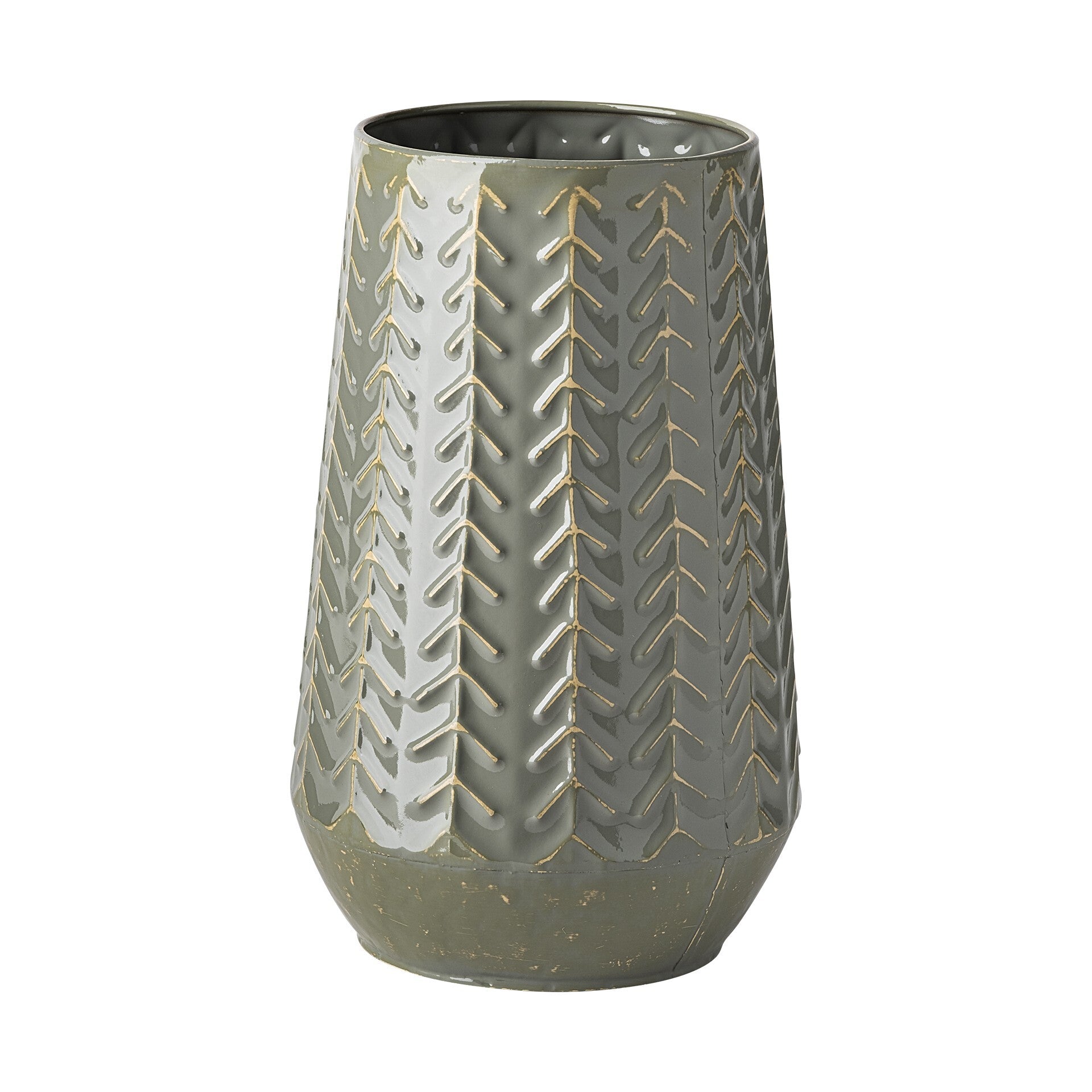 11 inch green chevron embossed metal vase with organic arrow pattern, dark green gray finish contemporary table decor
