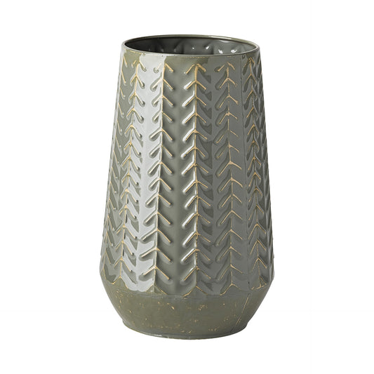 11 inch green chevron embossed metal vase with organic arrow pattern, dark green gray finish contemporary table decor
