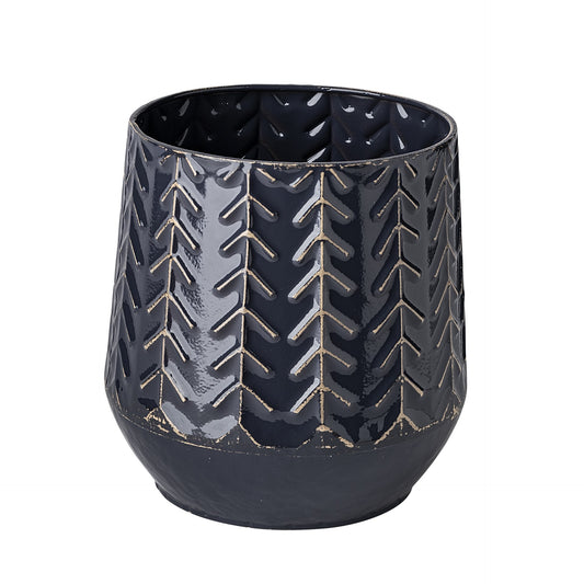 7 inch navy organically embossed chevron metal vase modern textured vase with geometric pattern
