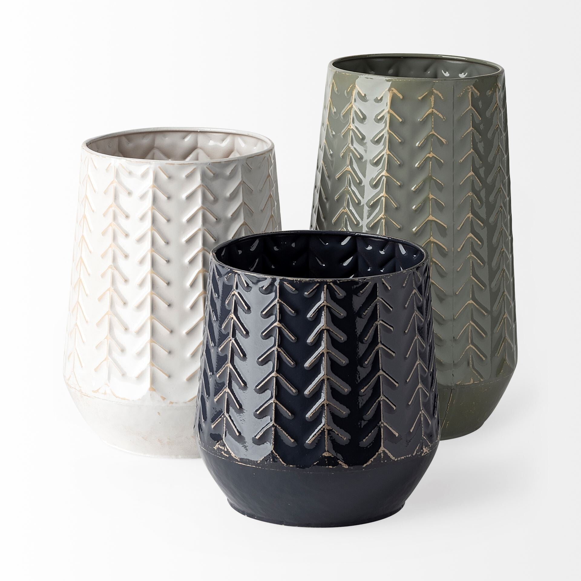 Modern navy vase embossed chevron side view displaying contemporary geometric design

