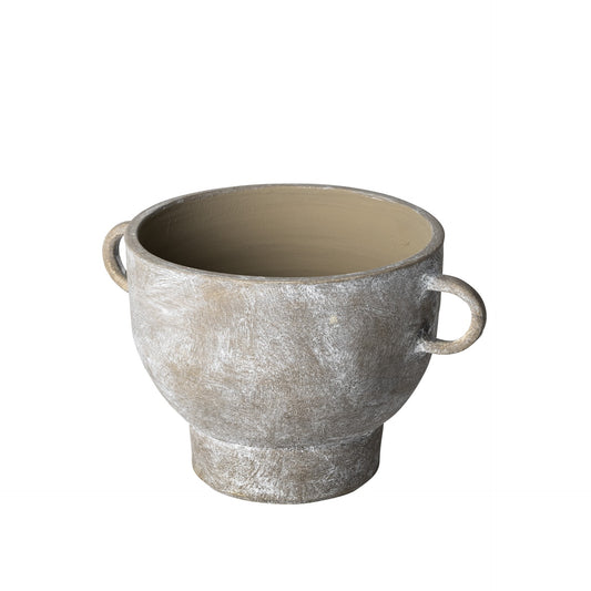 7 Inch Rustic Whitewash Brown Ceramic Bowl Vase - Front View Showing Distressed Finish Perfect for Vintage Farmhouse Home Decor
