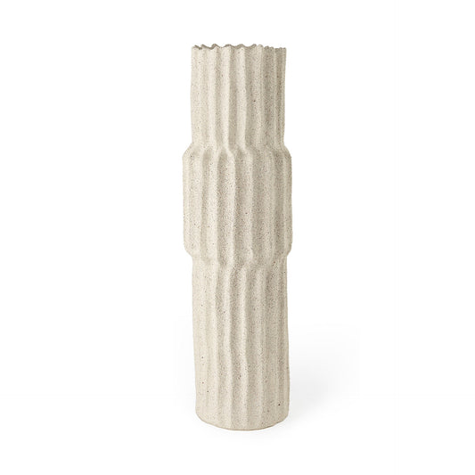 23 inch jumbo organic textured sand vase with carved stripe pattern and earthy sandy beige finish
