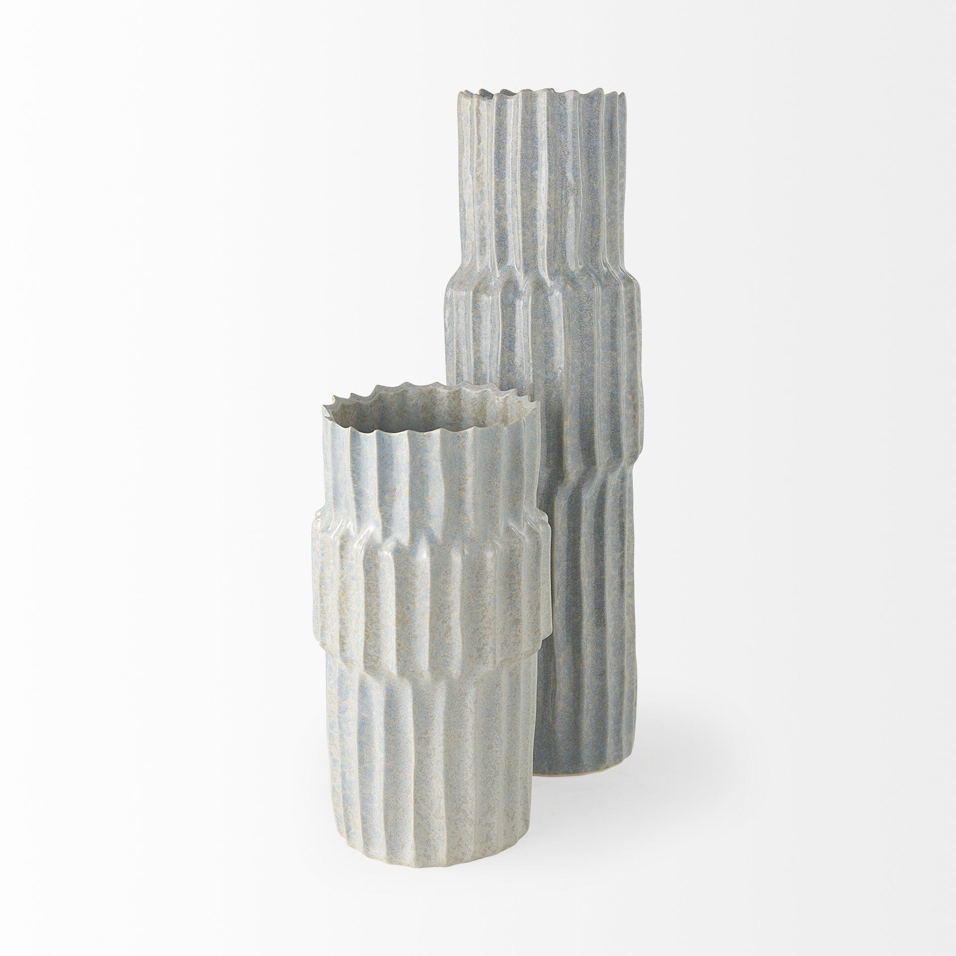 Detail of organic carved stripe pattern on jumbo gray ceramic vase showing dimensional texture for modern interior styling