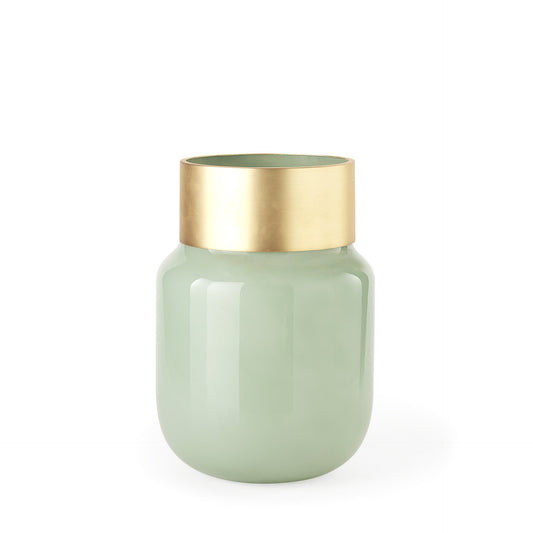 12 inch smokey green glass vase with gold metal rim and rounded oval shape for mid-century modern decor
