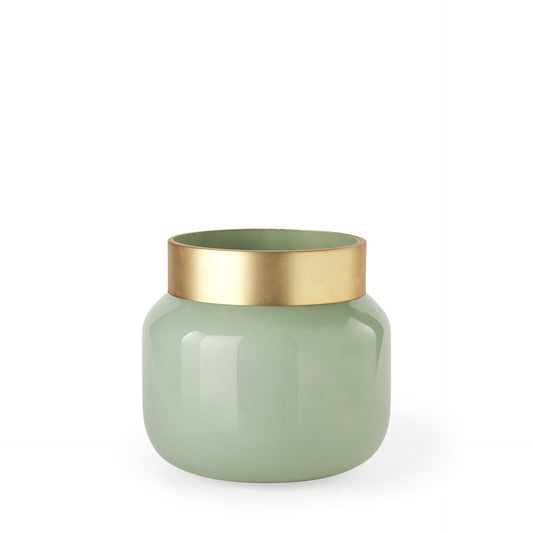 10 inch smokey sage green glass square vase with gold metal rim - front view showing modern retro design and rounded square shape