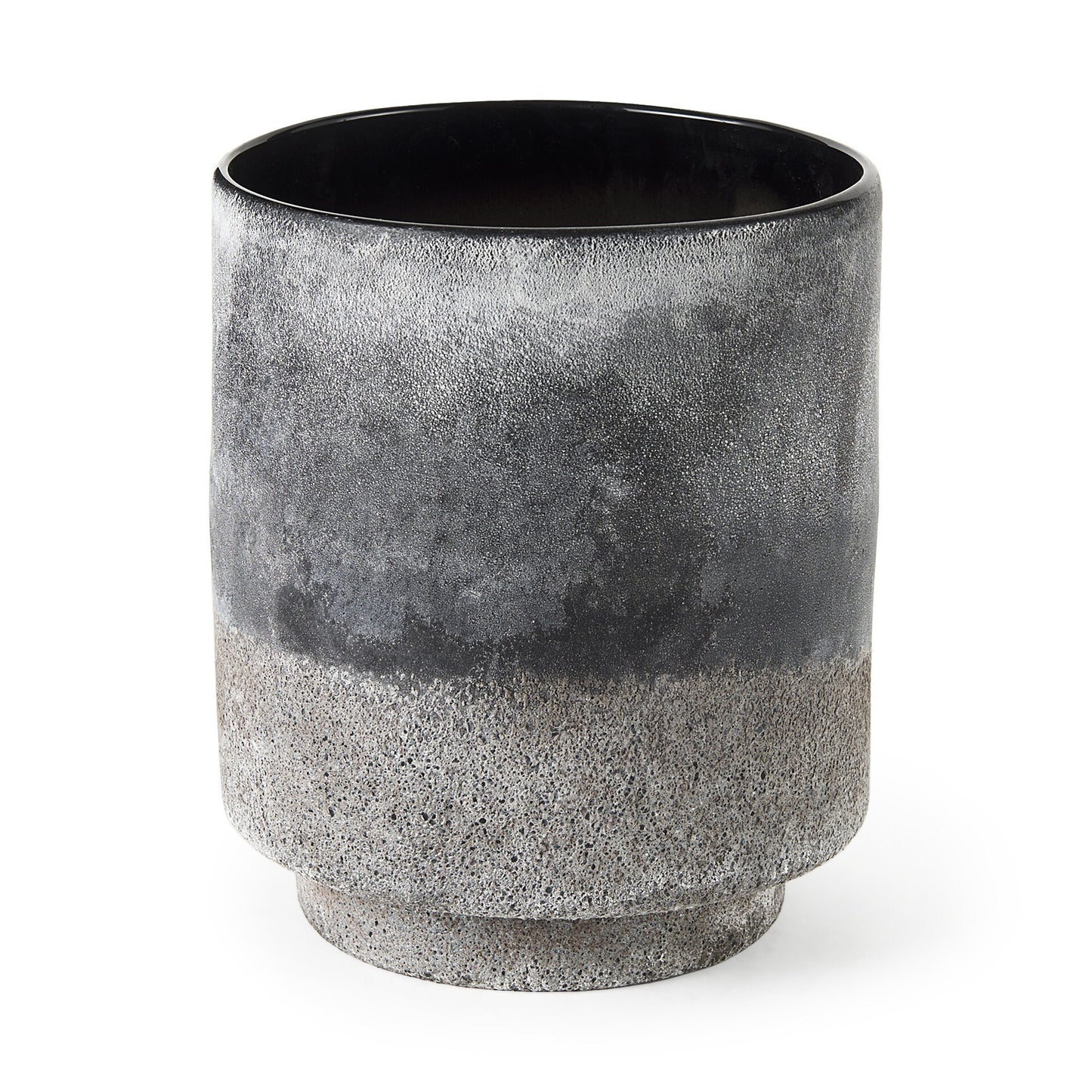 Close-up of ombre ceramic vase showing black and gray gradient effect with textured and distressed finish for industrial style