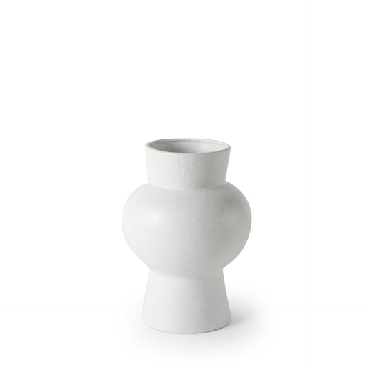 Modern 11-inch white ceramic vase with unique geometric design featuring conical base and circular body, semi-matte finish perfect for contemporary home decor and floral arrangements
