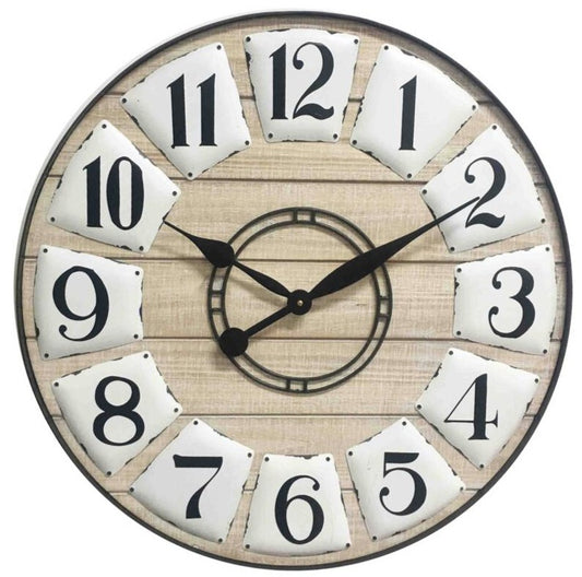 24 inch rustic wooden wall clock with weathered beige finish and black numbers
