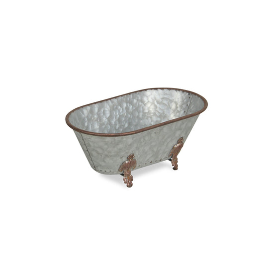 Jumbo hammered metal bathtub sculpture with vintage claw feet, silver and bronze finish decorative planter for farmhouse home decor
