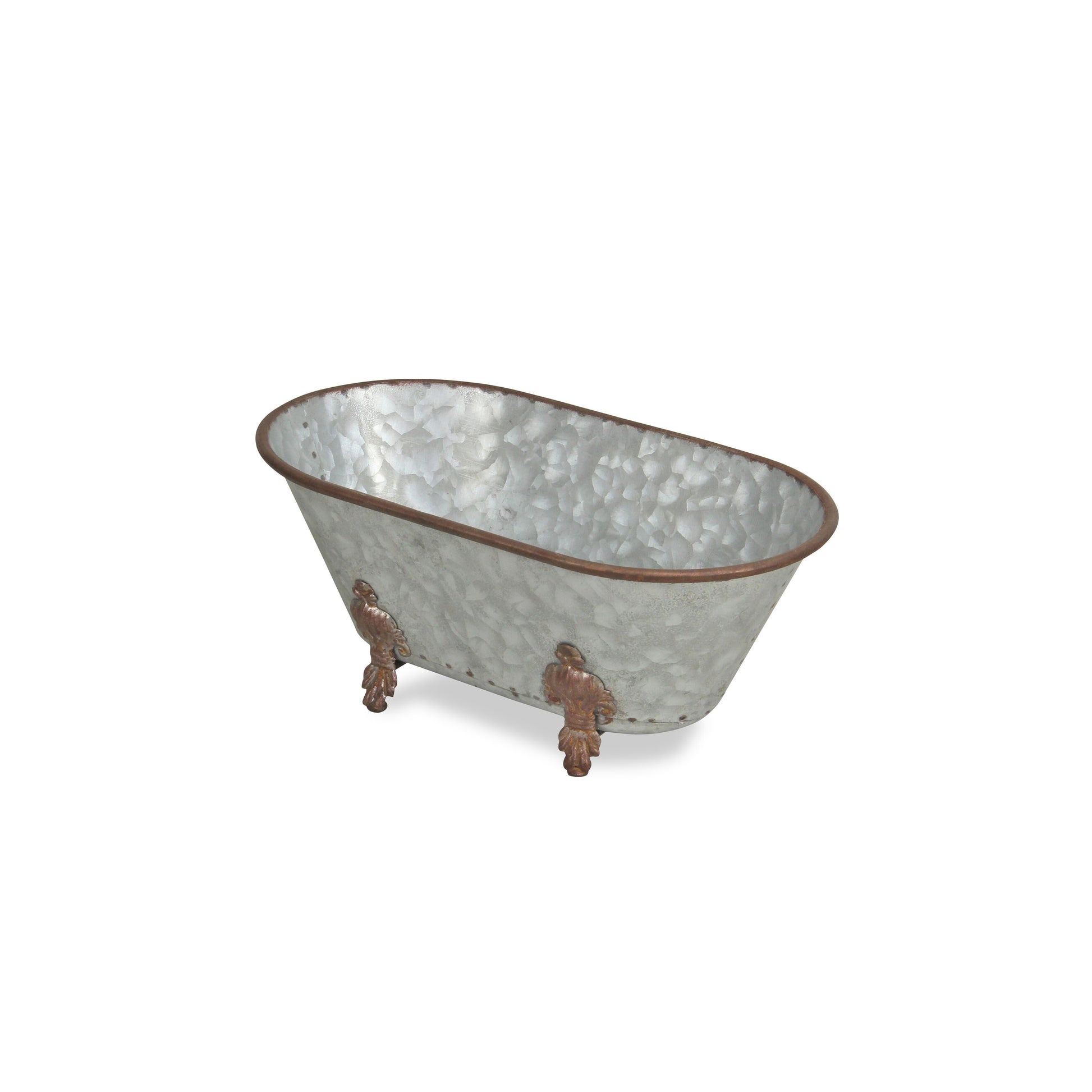 Side view of claw-foot metal bathtub sculpture with intricate bronze feet design, unique whimsical planter for garden decor
