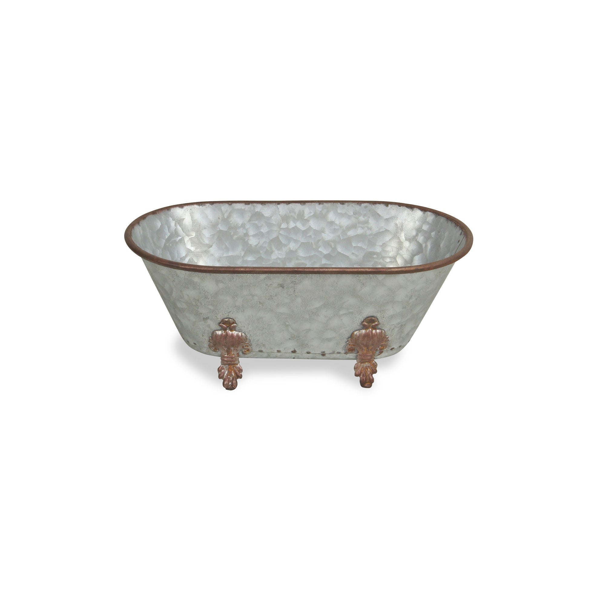 Detail of vintage claw-foot bathtub sculpture showing solid metal construction and contrasting silver bronze finishes, quirky home accent
