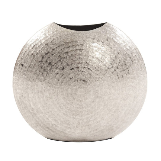 10 inch hammered silver disc shape decorative vase modern metal vase with unique sculptural design
