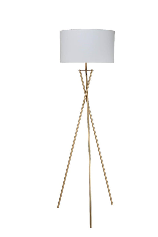 Minimalist 64.5-inch gold metal floor lamp with tripod base and white fabric shade in modern living room setting