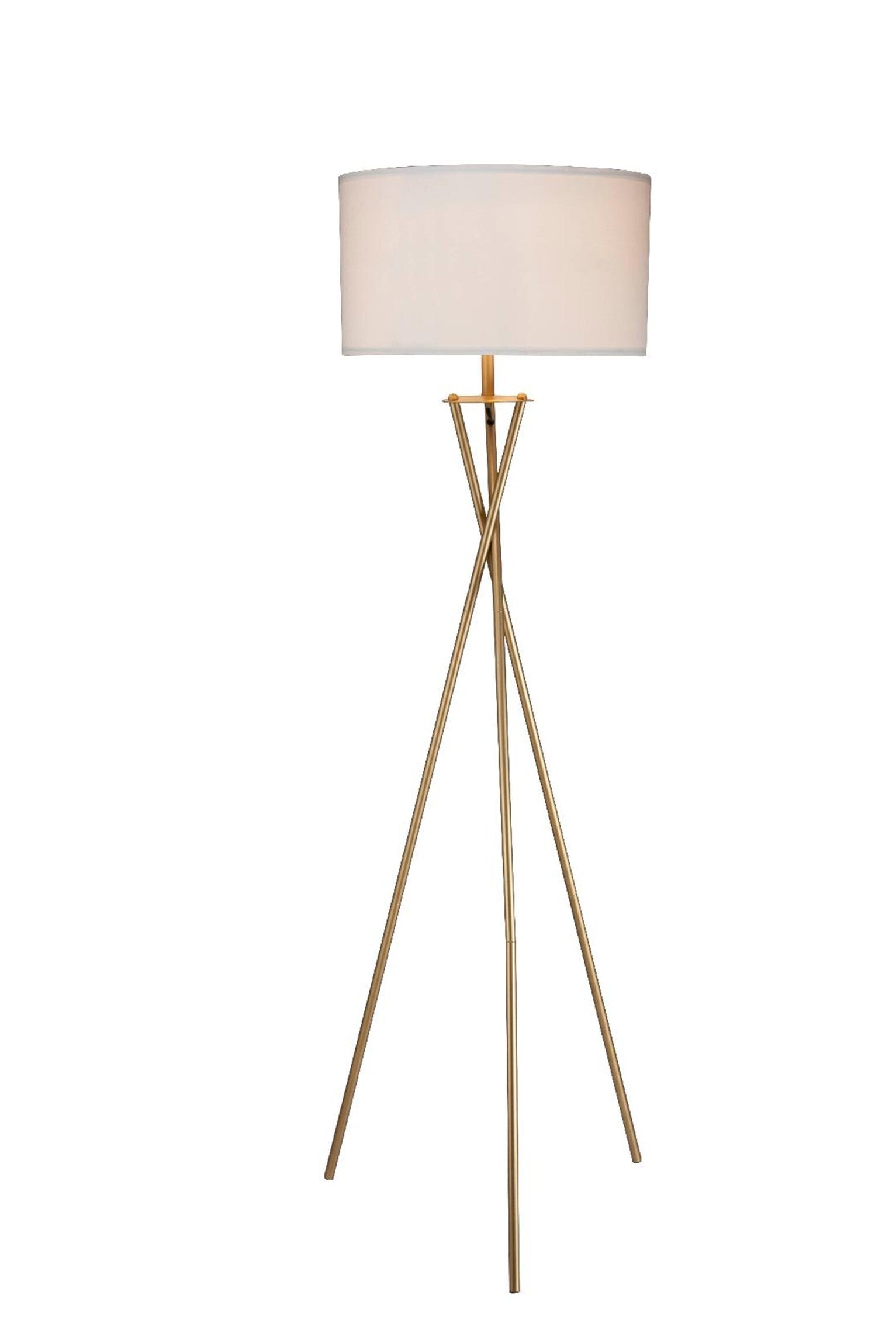 Side view of minimalist gold floor lamp with white drum shade demonstrating sleek contemporary design