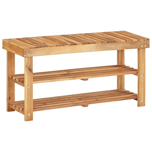 Medium solid acacia wood shoe rack natural entryway organizer in home setting
