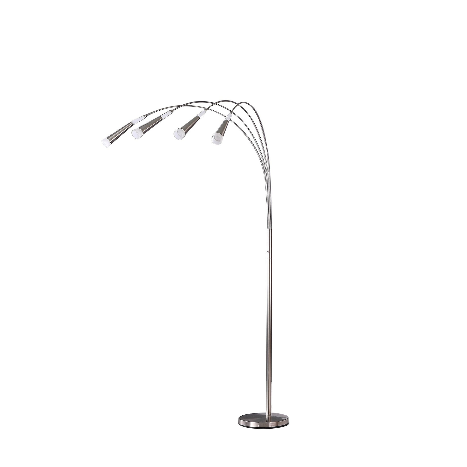 Close-up of four LED light heads on nickel arc floor lamp showing adjustable positioning and sleek contemporary design
