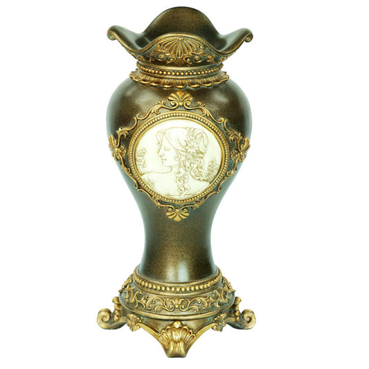 16 inch bronze urn vase with gold leaf accents, elegant polyresin classic table decor piece
