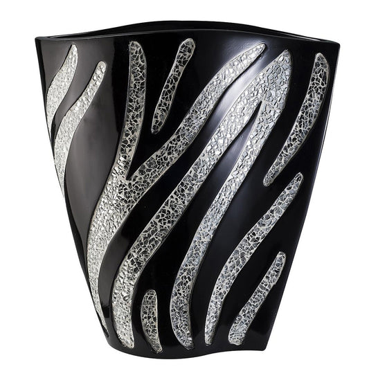 14 inch black and silver striped wavy polyresin table vase with contemporary design and unique curved shape

