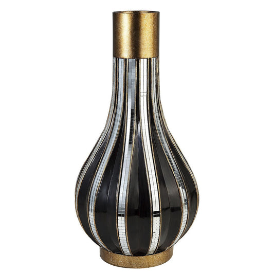 16 inch gold and black striped bud polyresin vase with luxury glam design, contemporary table decor statement piece
