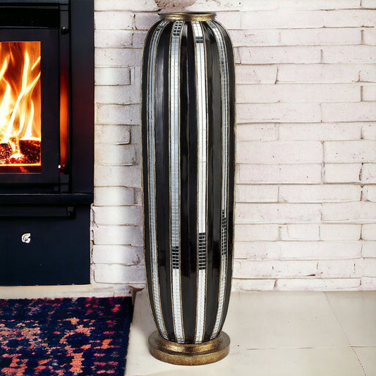 21 Inch Black and Silver Striped Cylinder Polyresin Floor Vase - Front View Showing Bold Horizontal Stripes Perfect for Modern Glam Home Decor
