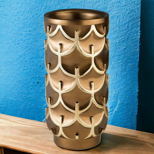 14 inch polyresin gold geometric cylinder vase with luxury finish, modern glam table centerpiece for contemporary home decor
