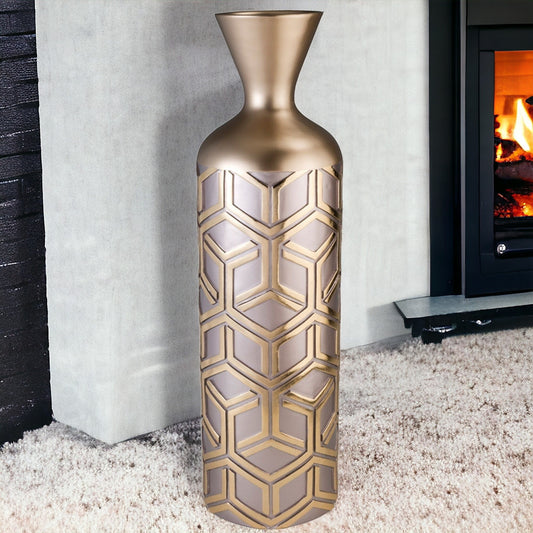 22 inch rose gold geometric cylinder polyresin floor vase with modern design and luxurious metallic finish
