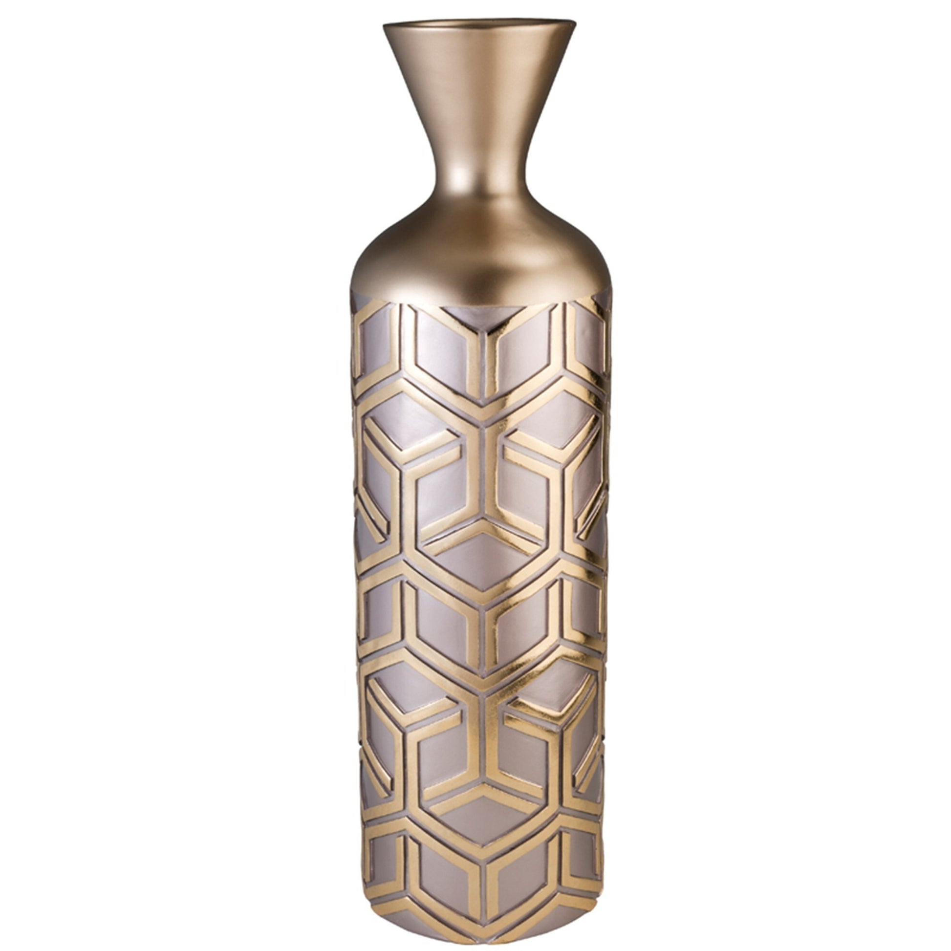 Close-up of rose gold metallic finish on modern polyresin cylinder floor vase
