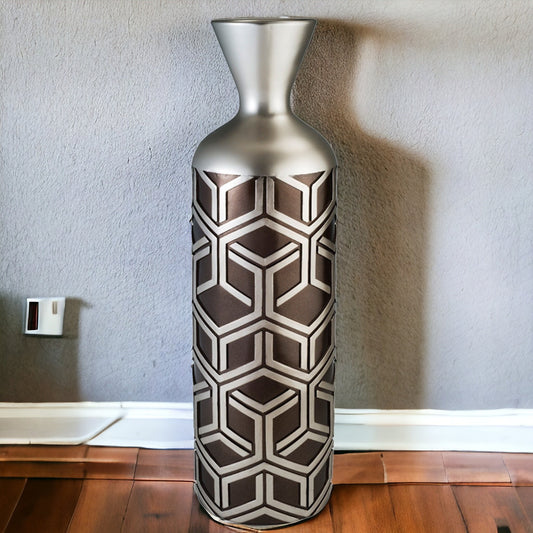 22-inch brown and silver geometric cylinder polyresin floor vase, luxury modern statement decor piece
