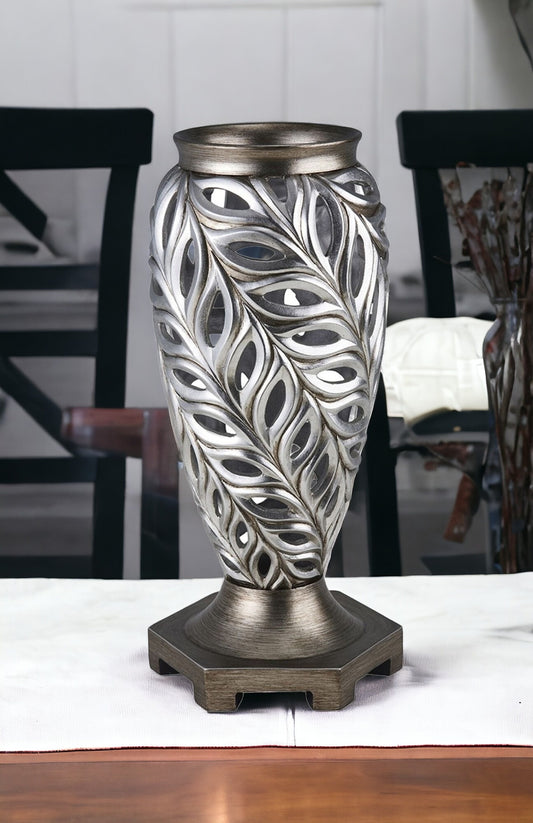 16-inch gray and silver leaf urn vase in classic shape, elegant polyresin table decor with metallic accents for traditional home interiors
