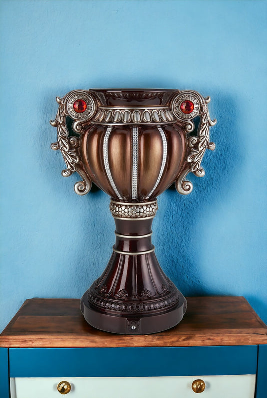 18 inch bronze and silver floral urn vase with stone embellishments and elegant polyresin construction
