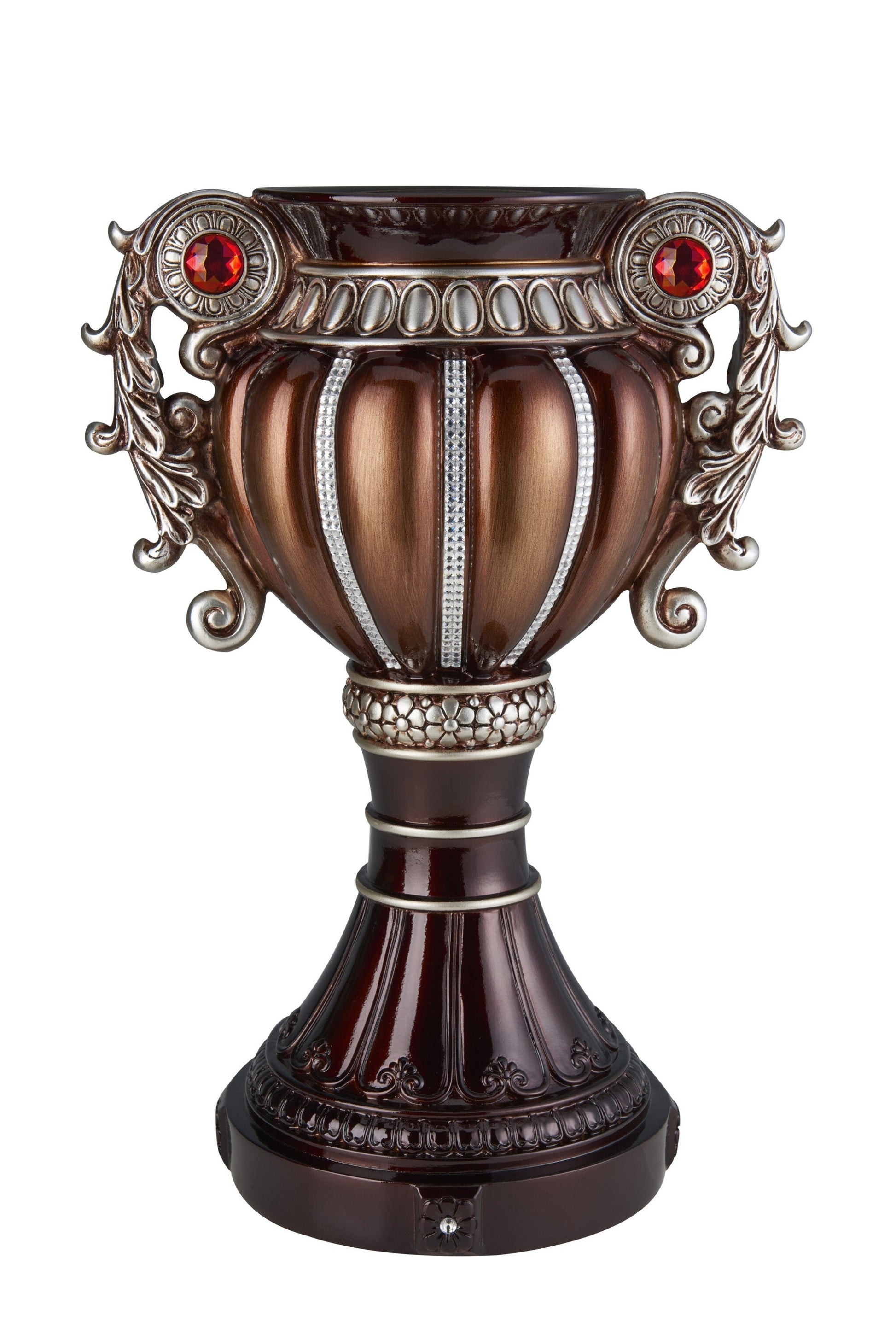 Close-up of bronze and silver metallic finish on elegant urn vase with decorative stone accents
