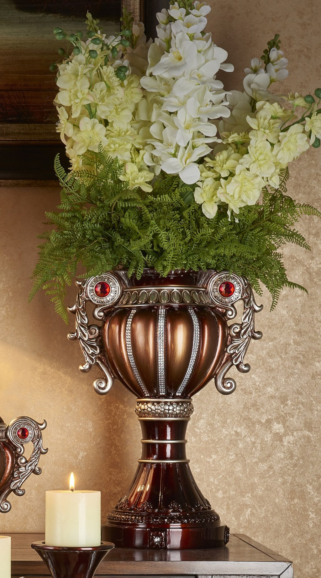 Classic urn shaped decorative vase with bronze silver finish perfect for contemporary and traditional decor
