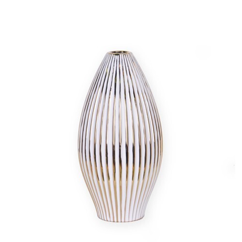 14 inch white and gold ceramic striped bud vase with contemporary elegant design and mesmerizing pattern
