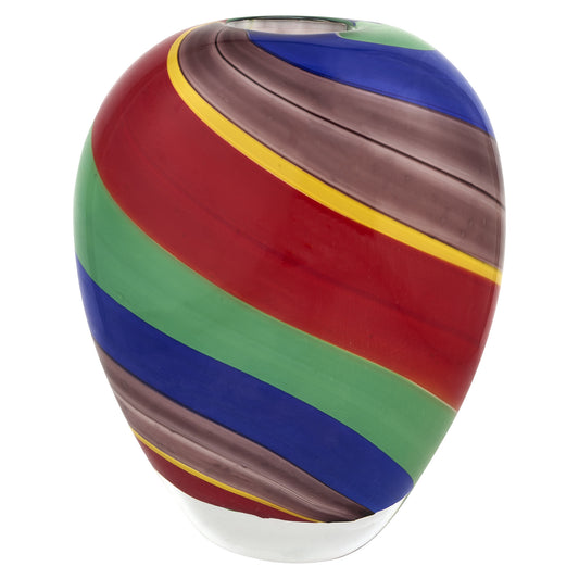 9 inch Murano style art glass vase with vibrant red blue green striped pattern, colorful round table decor
