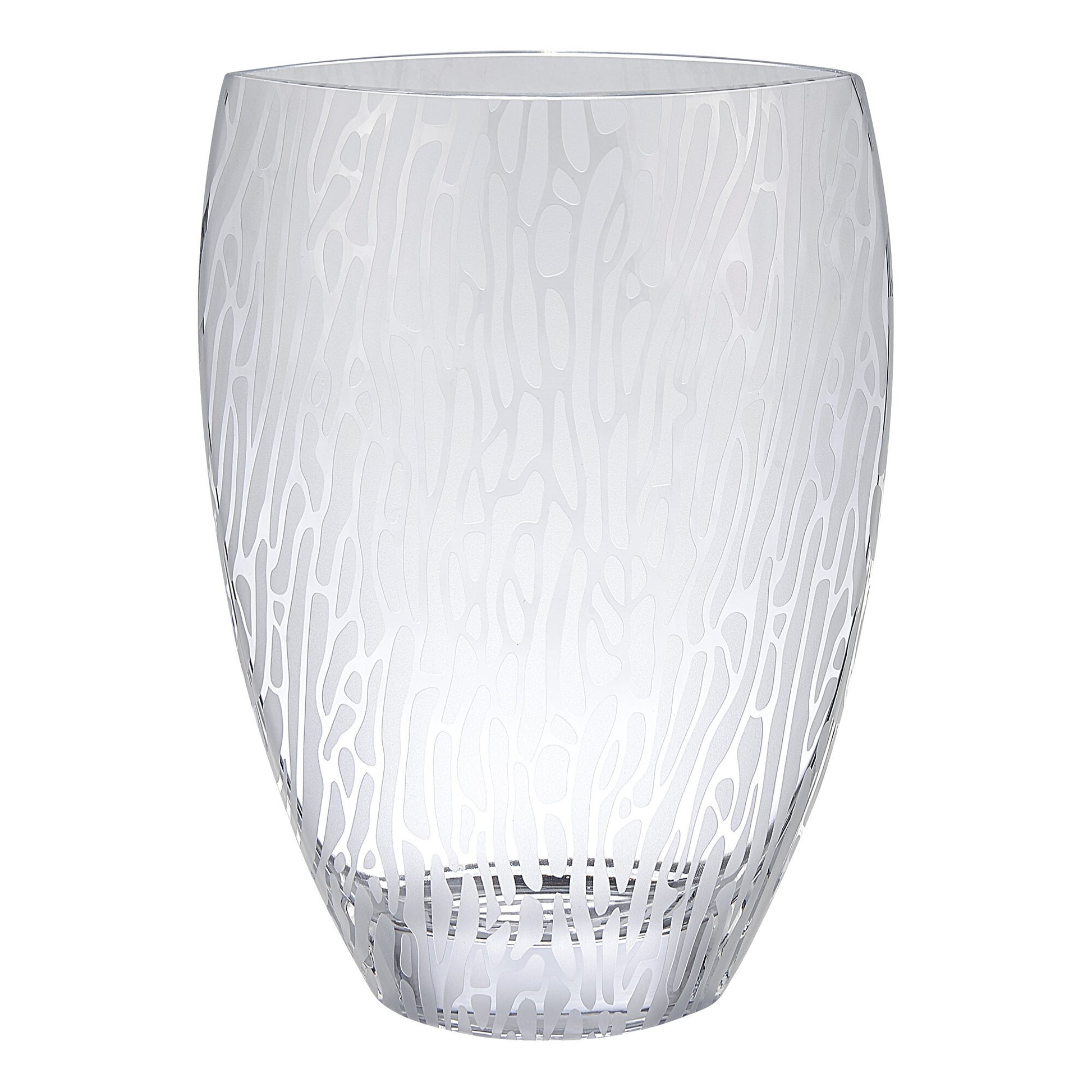 12 inch frosted and clear crystal vase side angle, elegant contemporary centerpiece with artistic oval design
