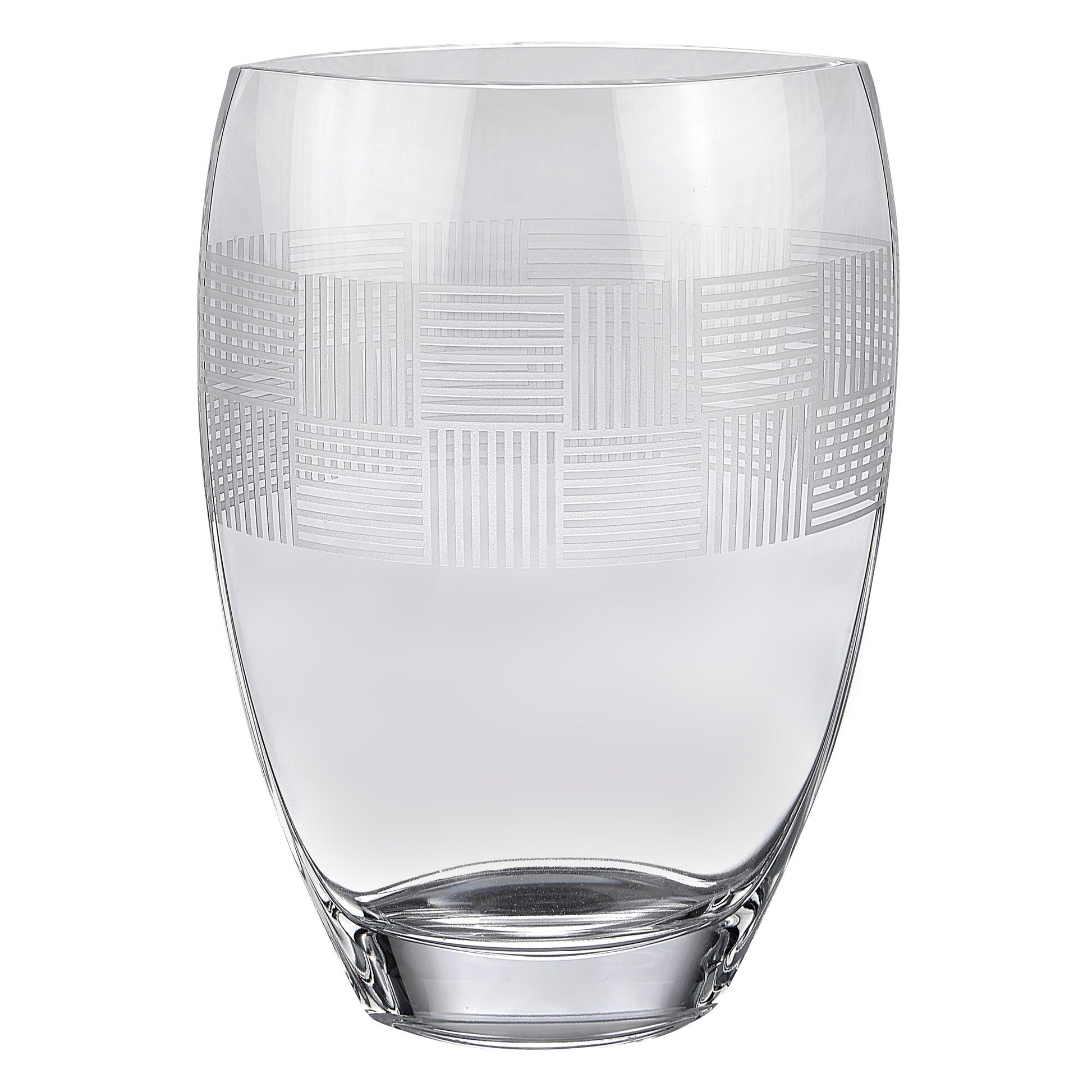 Clear crystal geometric vase side view showing oval shape and intricate pattern design, perfect for fresh flowers
