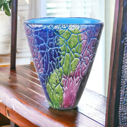 8 inch blue and green Murano glass abstract oval vase with vibrant color swirls and contemporary art glass design
