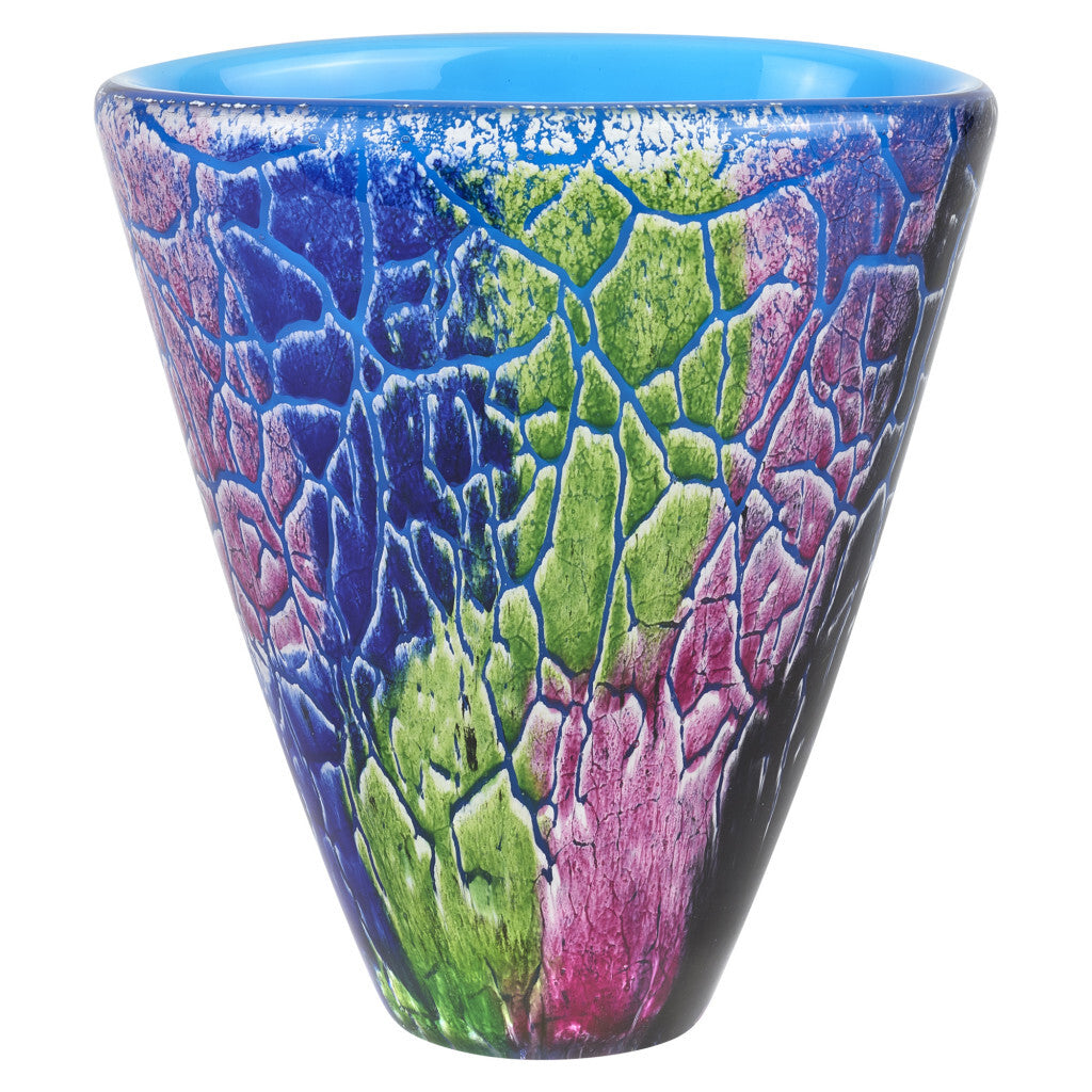 Close-up of vibrant blue and green swirls on abstract oval Murano glass vase
