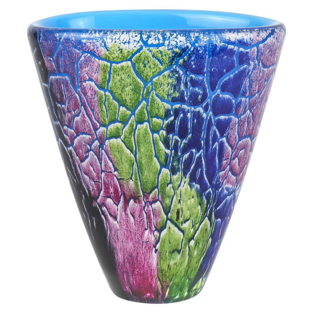 Top view of 8 inch oval art glass vase showing unique abstract shape and colorful design

