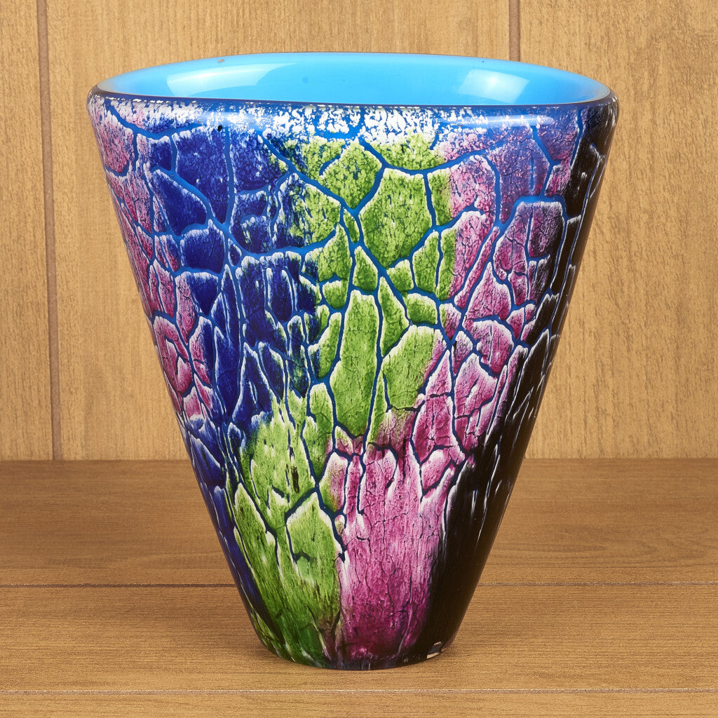 Art glass centerpiece vase with blue green abstract design perfect for contemporary interiors
