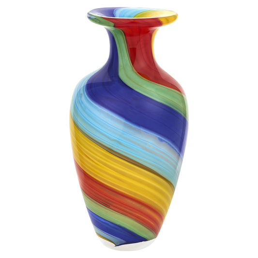 10 inch rainbow Murano glass abstract vase in red yellow blue green, contemporary multicolor art glass table decor
