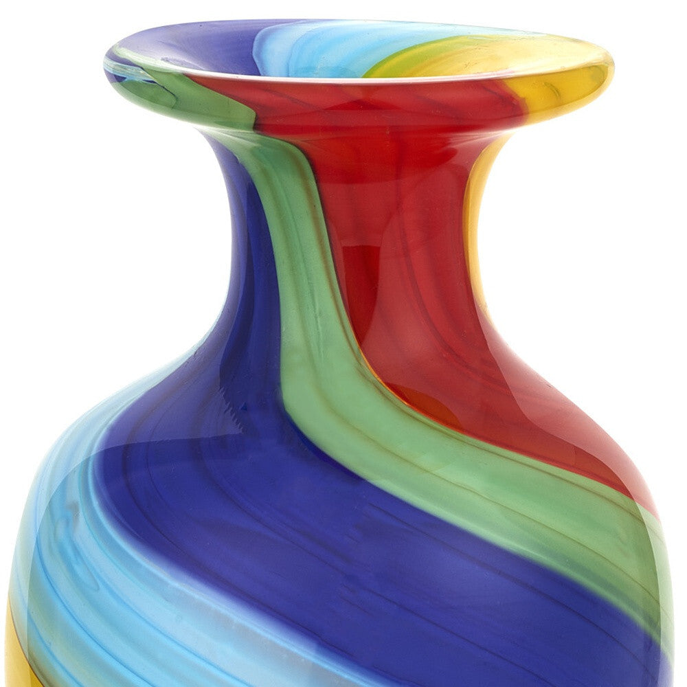 Multicolor Murano glass vase side view displaying abstract design and premium Italian glass construction
