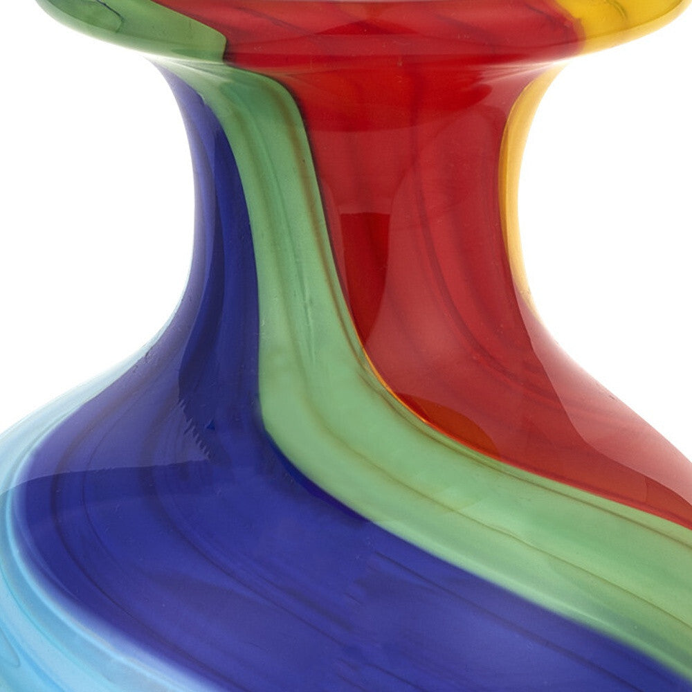 Rainbow colored art glass vase showing vibrant hues and contemporary sculptural form for modern decor
