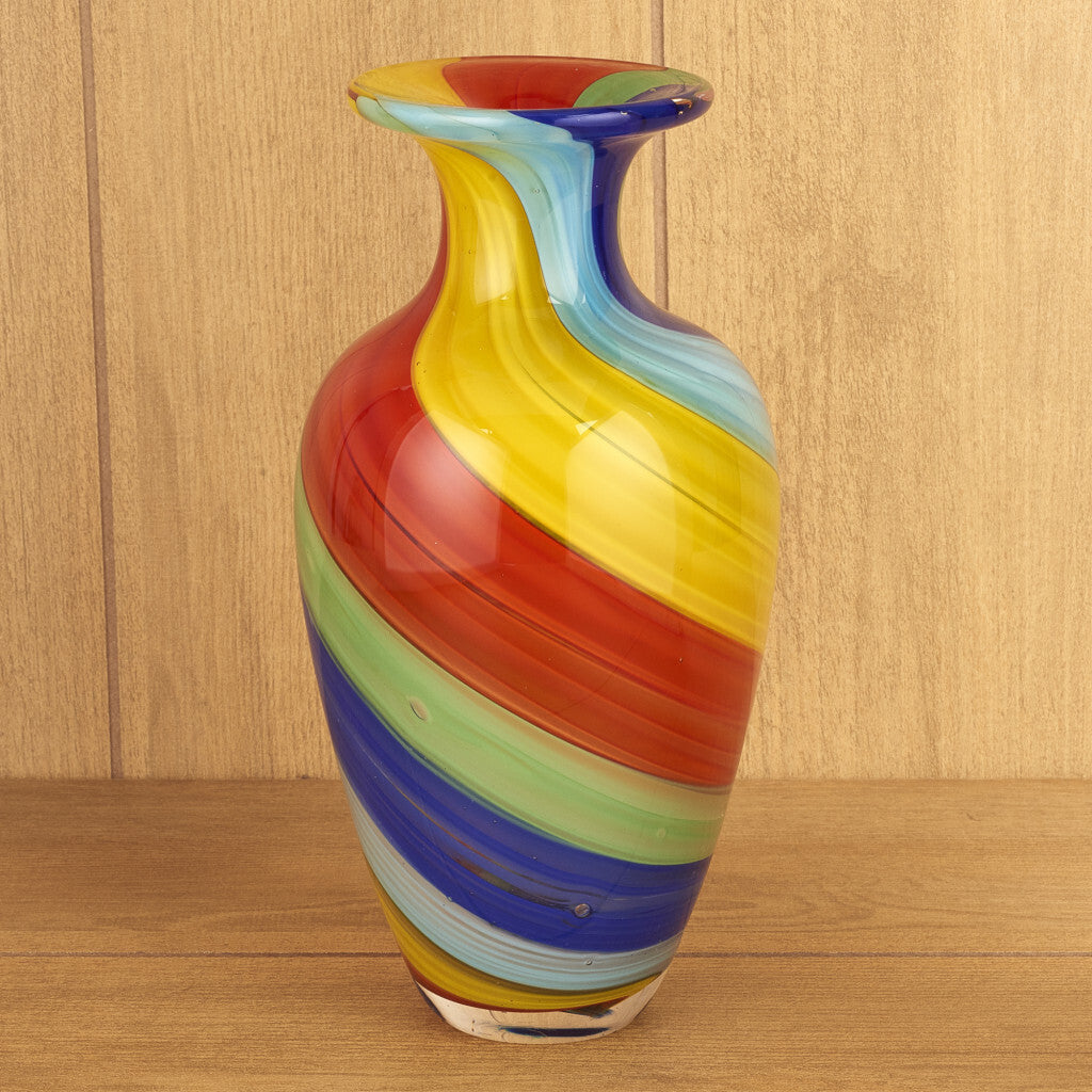 10 inch rainbow Murano glass abstract vase full product view, colorful Italian art glass sculpture for home decoration
