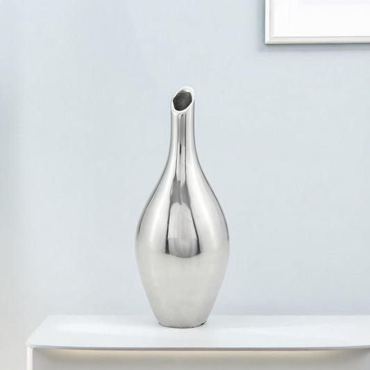 16 inch silver bud aluminum vase with modern minimalist design, sleek metallic table decor for contemporary home
