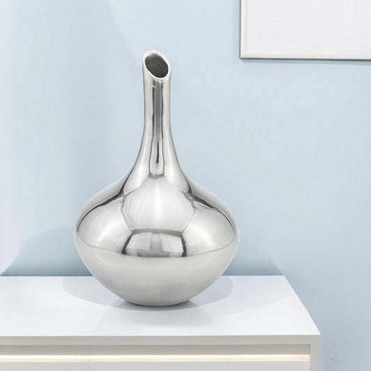 13 inch silver aluminum bud vase with polished finish, modern minimalist metal table decor piece
